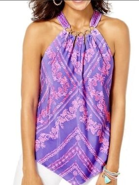 Lilly Pulitzer Julien Halter Top Mystical Purple Pink Coral Print SIZE L NWOT